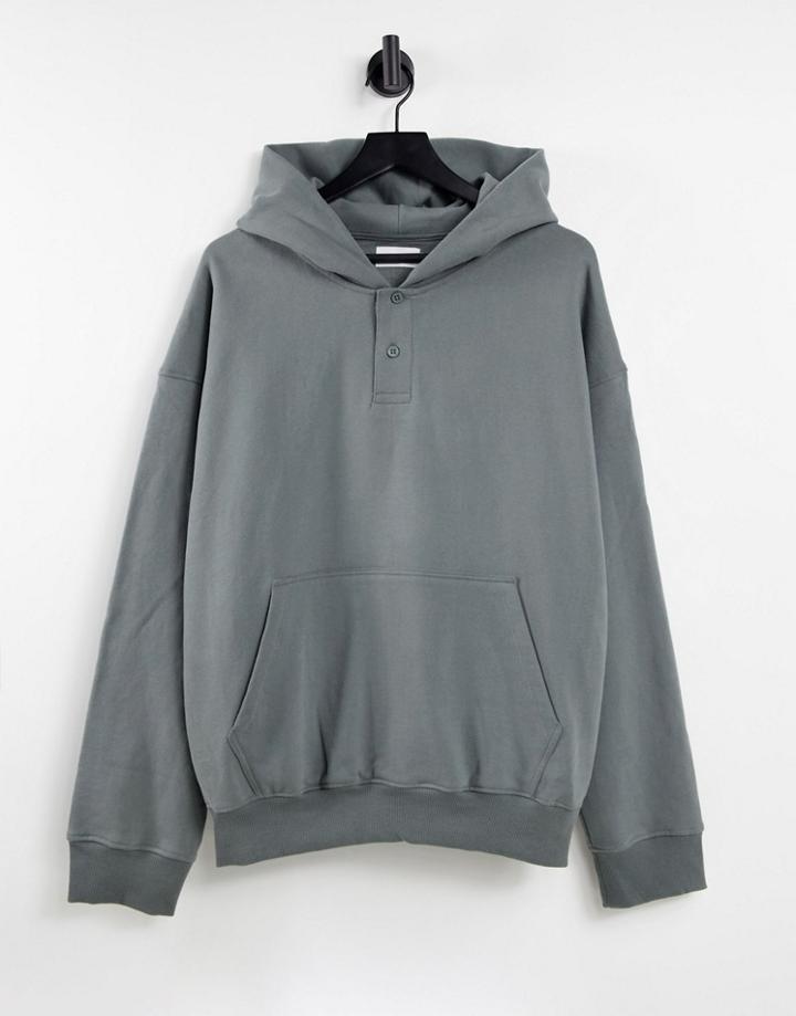 Topman Oversized Button Placket Hoodie In Dark Sage-green