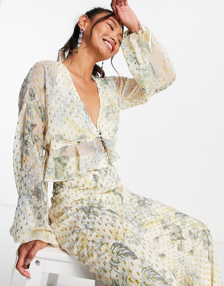 Asos Design Matching Printed Blouson Sleeve Top With Tie Channel Waist In Textured Chiffon-multi
