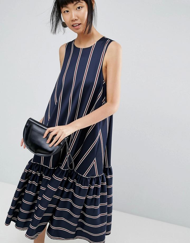 Asos White Drop Hem Dress In Stripe - Multi