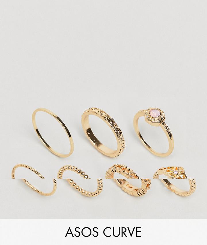 Asos Design Curve Pack Of 7 Faux Rose Quartz And Filligree Rings - Gold