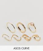 Asos Design Curve Pack Of 7 Faux Rose Quartz And Filligree Rings - Gold
