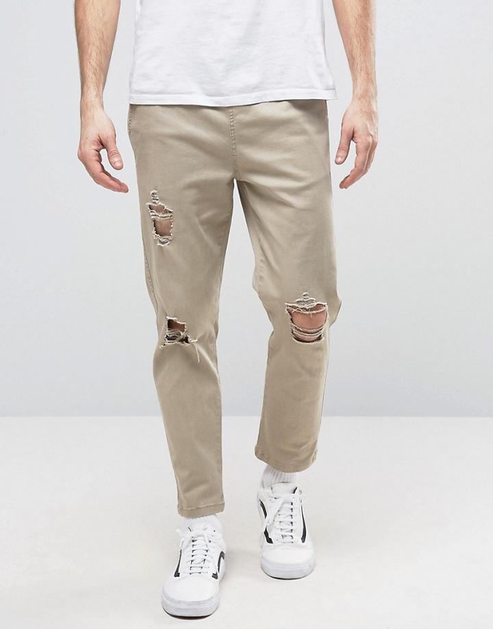 Asos Slim Cropped Chino Joggers With Knee Rips In Stone - Stone
