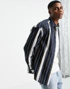 Asos Design 90s Oversized Collegiate Striped Shirt In Navy And Yellow Stripe