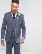 Asos Wedding Skinny Suit Jacket In Blue Wool Mix Grid Check - Blue
