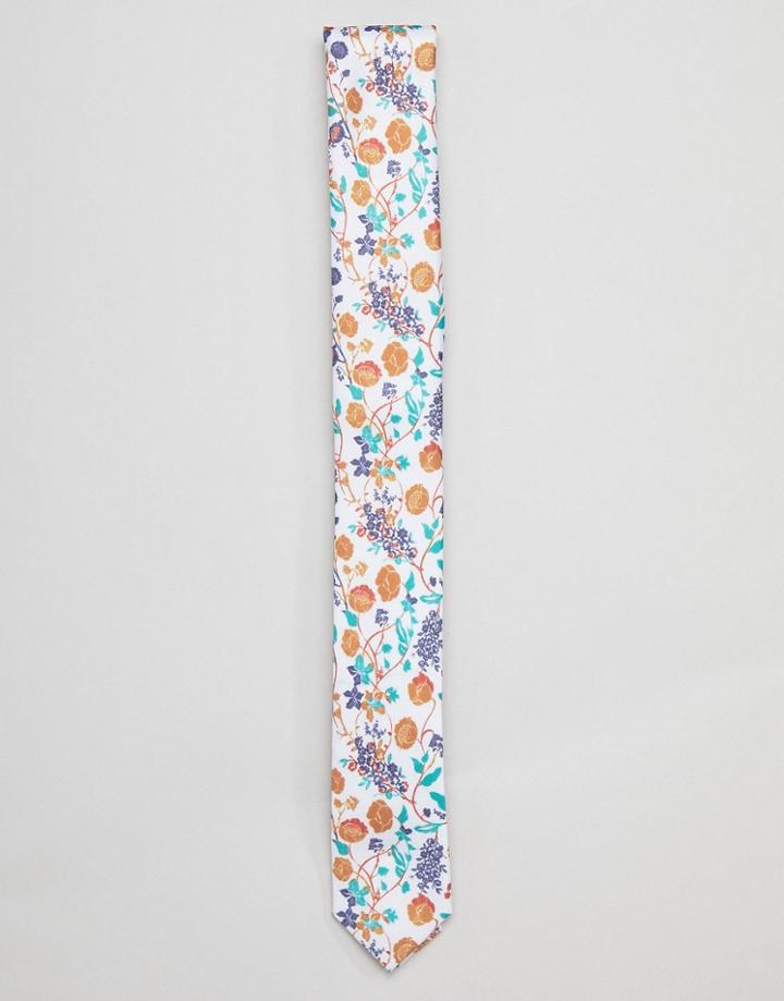 Asos Design Slim Floral Tie In White - White