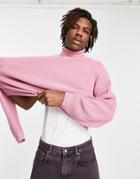 Asos Design Oversized Fisherman Rib Roll Neck Sweater In Pink Twist