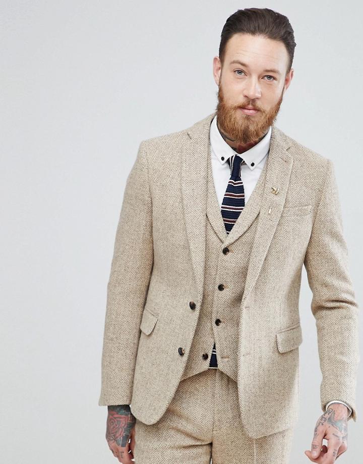 Asos Slim Suit Jacket In 100% Wool Harris Tweed In Taupe Herringbone - Gray