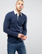 Asos Muscle Long Sleeve Rugby Polo Shirt In Navy - Navy