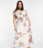 Hope & Ivy Plus Flutter Sleeve Maxi Dress In Ivory Oversized Rose Print-multi