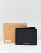 Asos Design Leather Bifold Wallet In Black With Croc Emboss And Foil Logo - Black