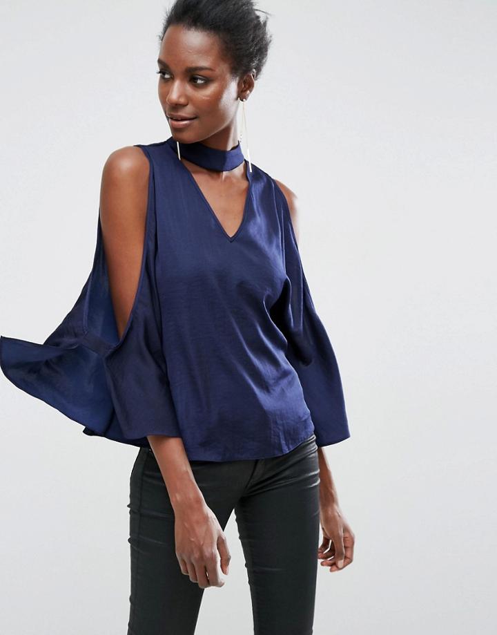 Asos Cold Shoulder Satin Swing Top With Deep Plunge And Choker Detail - Blue