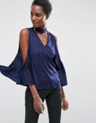 Asos Cold Shoulder Satin Swing Top With Deep Plunge And Choker Detail - Blue
