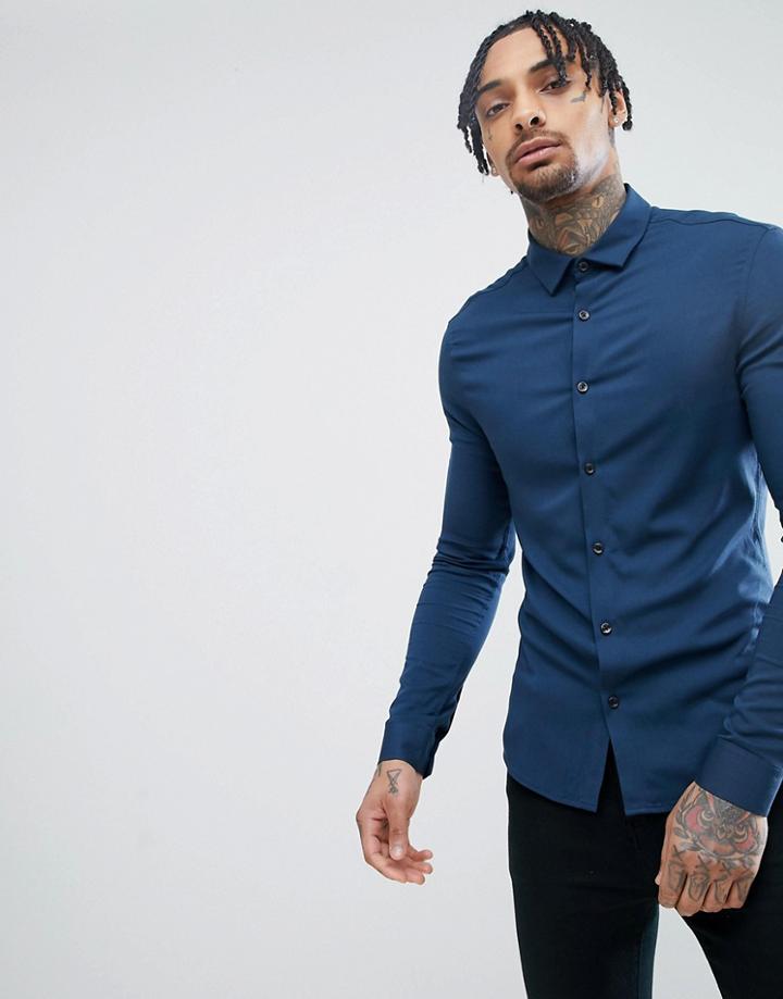 Asos Design Skinny Viscose Shirt In Navy - Navy