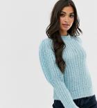 Asos Design Petite Chunky Rib Balloon Sleeve Sweater In Lofty Yarn - Blue