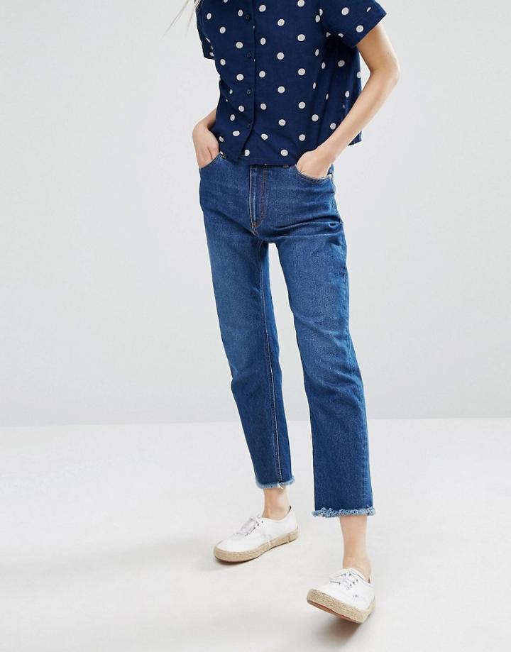 Monki Cropped Flare Frey Hem Jean - Blue