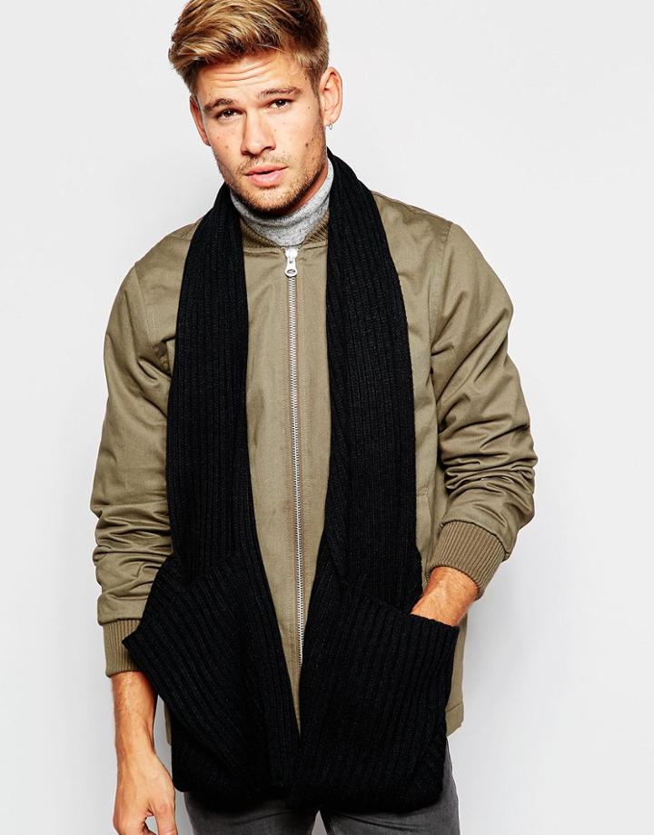 Asos Ribbed Scarf With Pockets In Black - Black