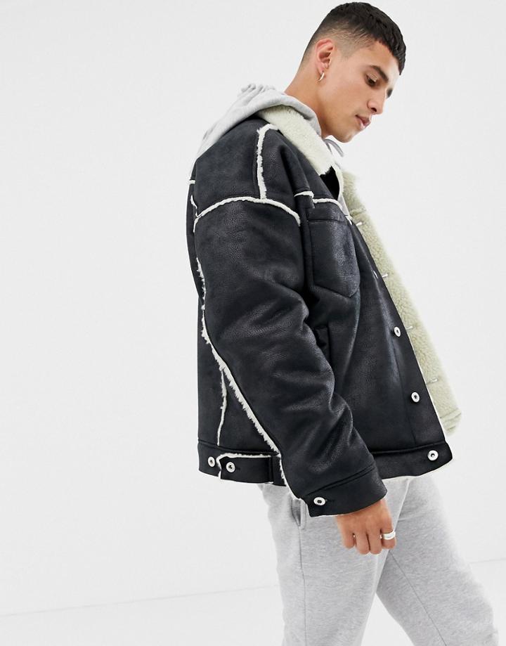 Collusion Faux Shearling Jacket In Black - Black