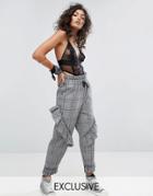 Sacred Hawk High Waisted Pants In Check With Frills - Gray