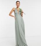 Asos Design Tall Bridesmaid Ruched Bodice Drape Maxi Dress With Wrap Waist In Olive-green