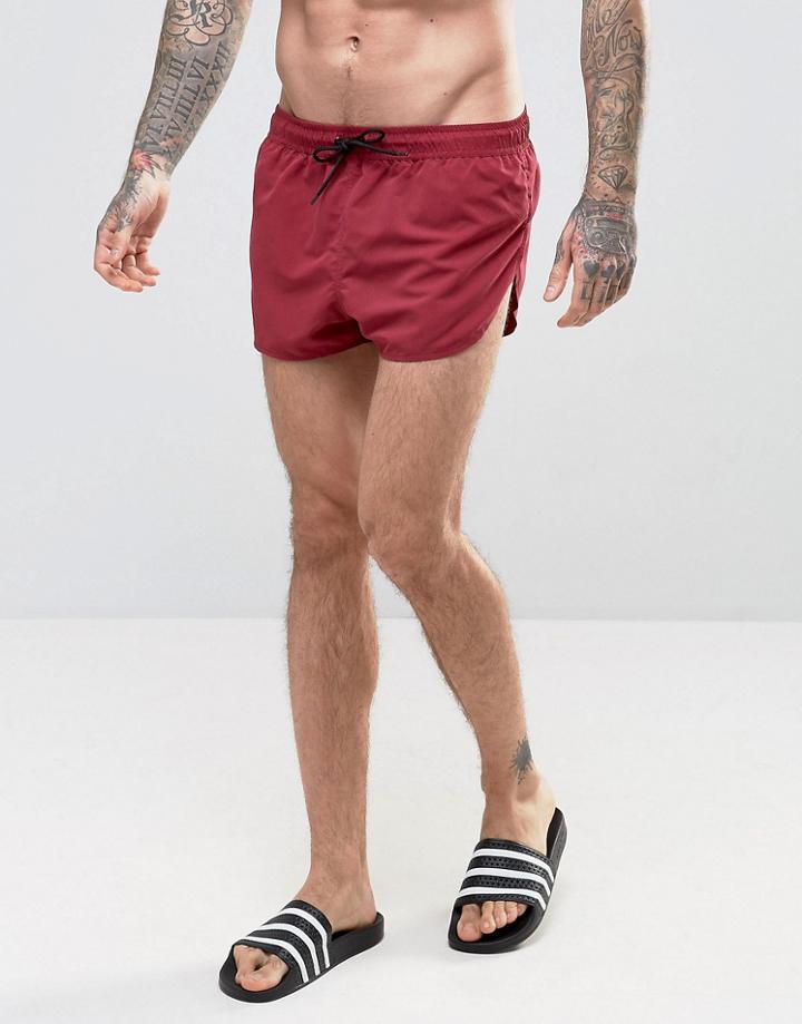 Asos Swim Shorts With Extreme Side Splits In Dark Red Super Short Length - Red