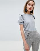 Lost Ink T-shirt With Ruffle Shoulder Detail In Marl - Gray