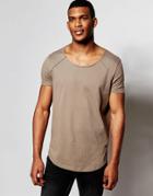 Asos Longline T-shirt With Scoop Neck And Step Hem In Raw Edge - Fossil