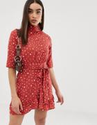 Prettylittlething High Neck Mini Dress With Tie In Pink Polka Dot - Multi