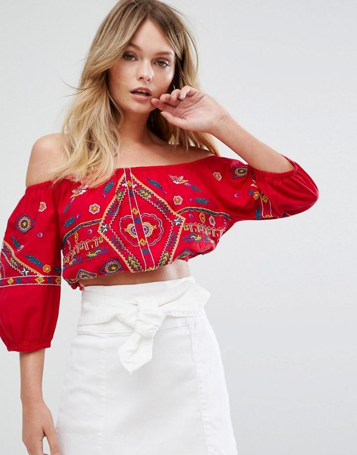 New Look Embroidered Crop Top - Red