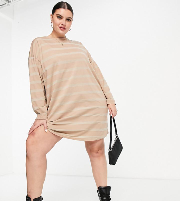 Asos Design Curve Oversized Long Sleeve T-shirt Dress In Tonal Taupe Stripe-brown