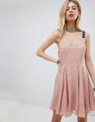 Kiss The Sky Cami Skater Dress With Lace Up Back In Star & Moon Ditsy Print - Pink