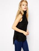 Asos Sleeveless Knit Top In Fluffy Yarn With Roll Neck - Black