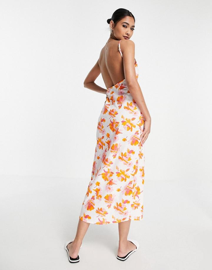 Asos Design Linen Square Neck Maxi Sundress In White Floral-multi