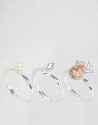 Johnny Loves Rosie 3 Pack Pearl And Gem Rings - Silver