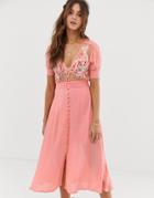 Cleobella Adley Embroidered Midi Dress With Button Down Front - Pink