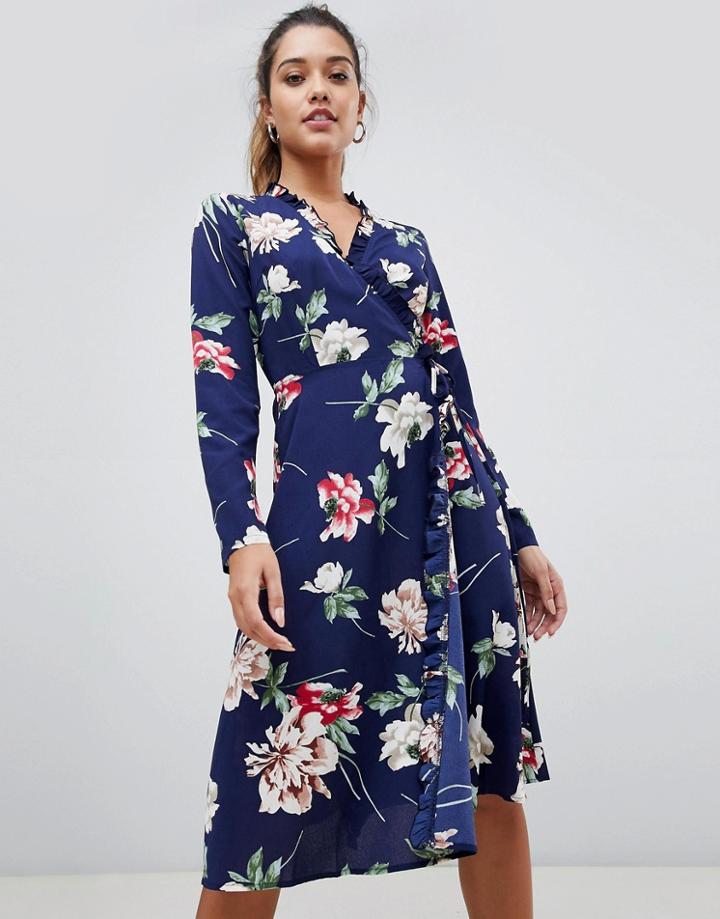 Boohoo Pleat Trim Wrap Midi Dress In Blue Floral - Blue