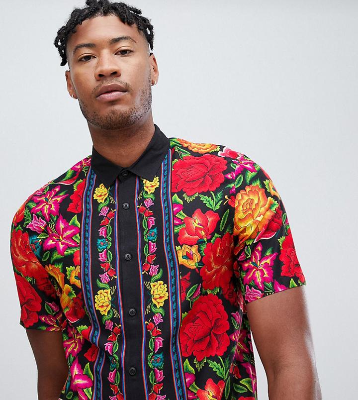 Asos Design Tall Regular Fit Floral Shirt With Border In Black - Black