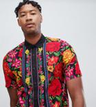 Asos Design Tall Regular Fit Floral Shirt With Border In Black - Black