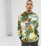 Asos Design Tall Holidays Oversized Velour Long Sleeve T-shirt With All Over Festive Print-multi