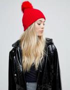 Asos Bright Red Rib Beanie With Faux Fur Pom - Red