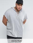 Asos Plus Super Oversized Sleeveless Hooded T-shirt With Lace Up Neck In Gray Marl - Gray
