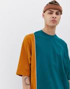 Asos Design Oversized Longline T-shirt With Half Sleeve And Vertical Color Block - Green