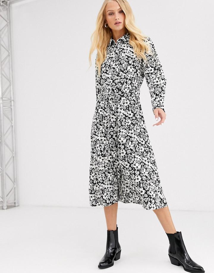 Only Monochrome Floral Shirt Midi Dress-multi