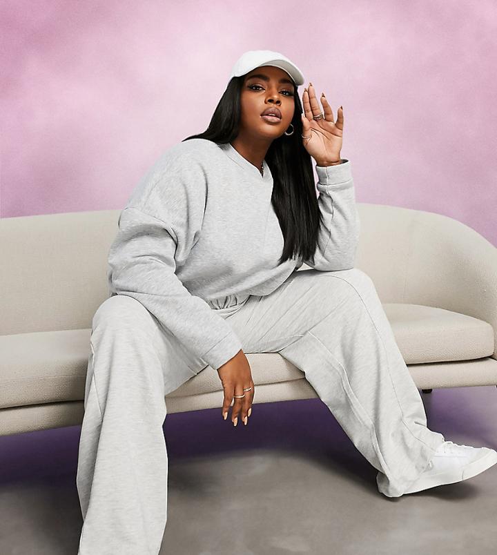 Asos Design Curve Straight Leg Sweatpants With Deep Waistband And Pintuck In Gray Marl-grey