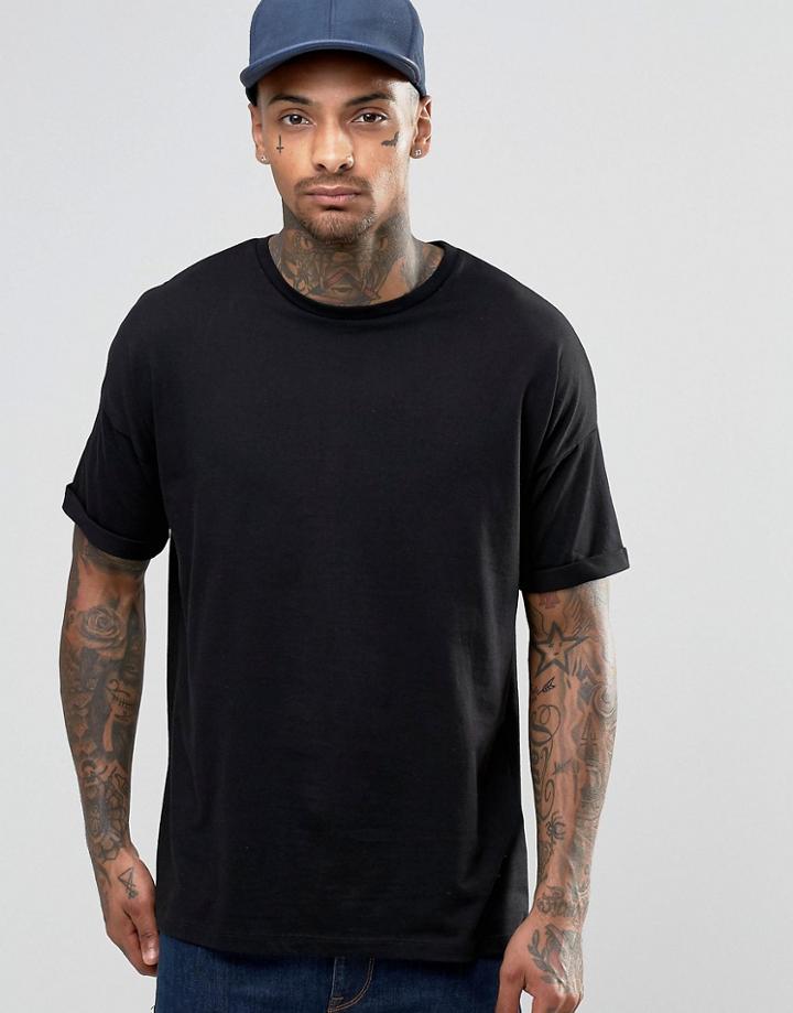 Asos Oversized T-shirt With Roll Sleeve In Black - Black