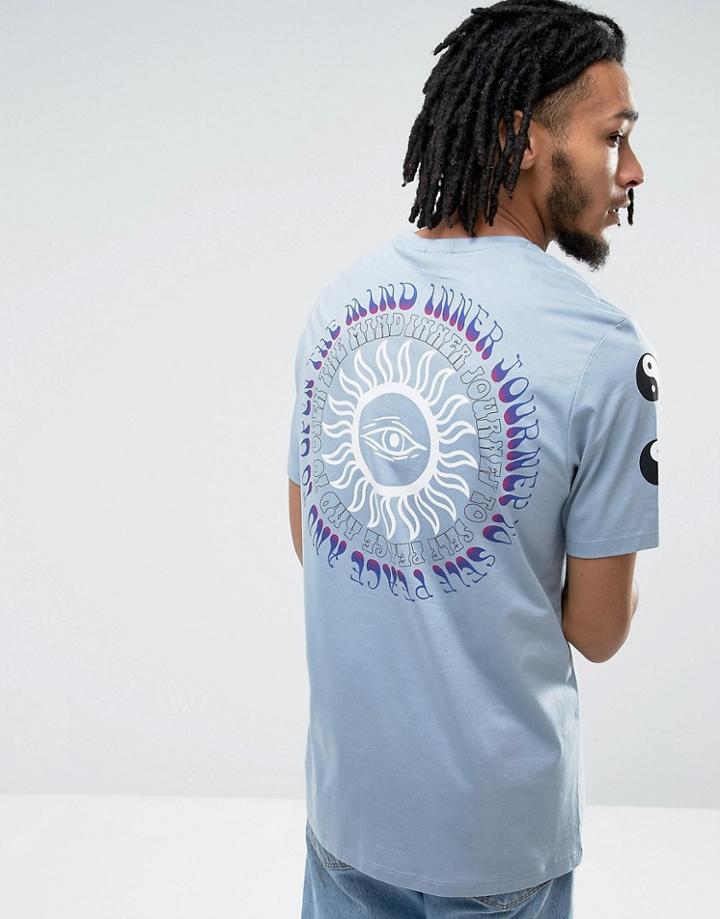 Asos Longline T-shirt With Yin Yang Sleeve & Back Print - Blue