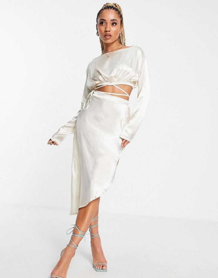 Femme Luxe Wrap Detail Satin Midi Skirt In Cream - Part Of A Set-neutral