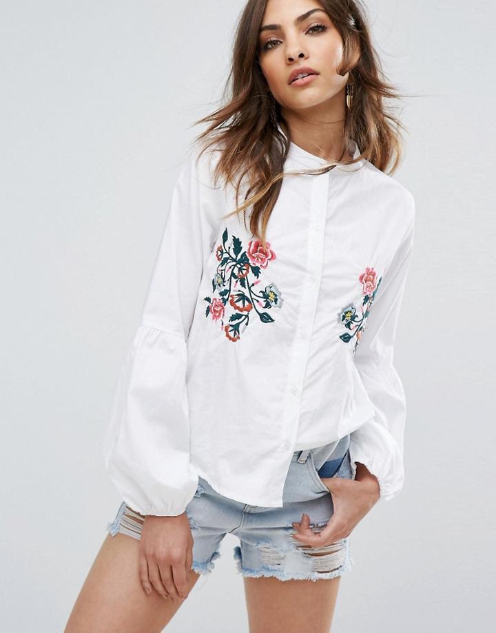 Prettylittlething Embroidered Puff Sleeve Shirt - White