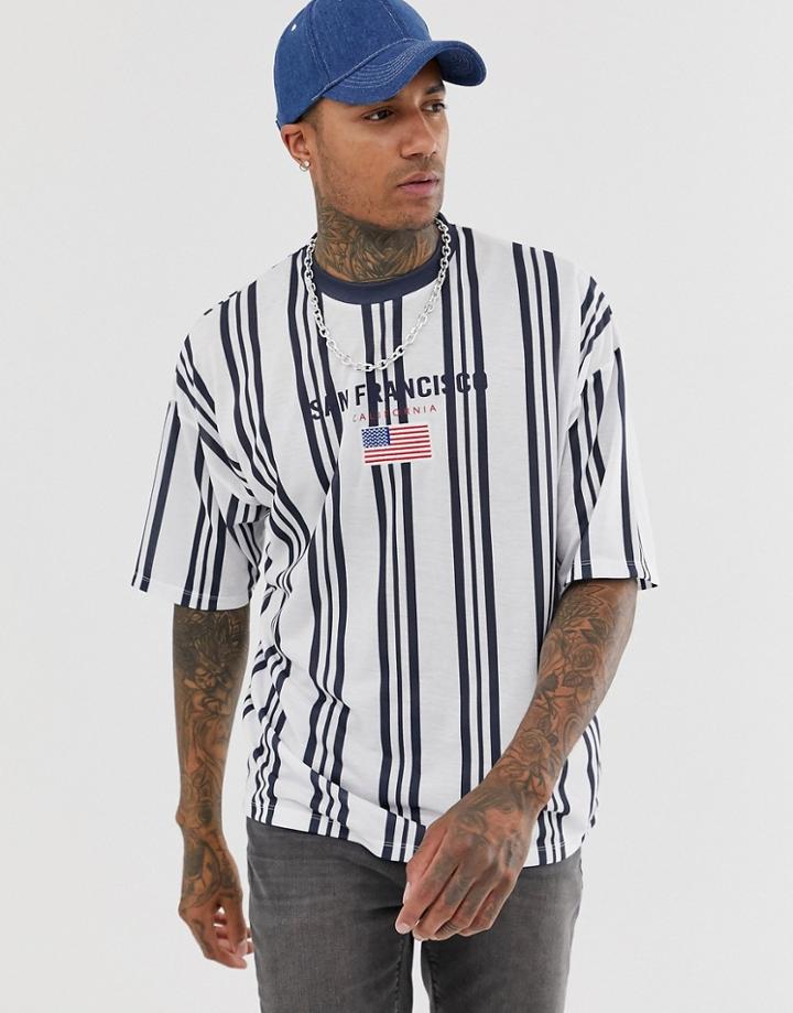 Asos Design Oversized T-shirt With Vertical Stripe And City Embroidery - White