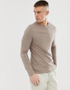 Asos Design Long Sleeve T-shirt With Crew Neck In Beige - Gray