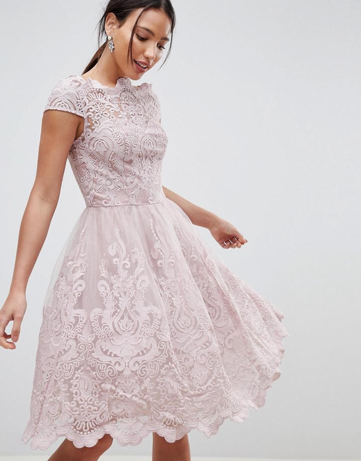 Chi Chi London Premium Lace Midi Prom Dress With Bardot Neck In Mink - Pink